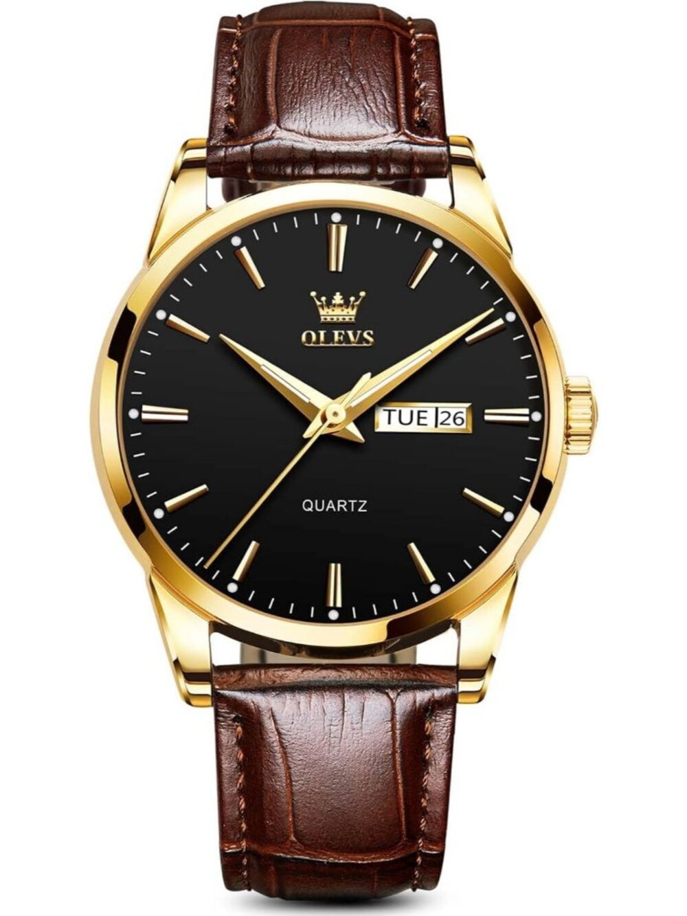 Men's Black And Gold Quartz Leather Brown Buckle Waterproof Luminous Round Watch